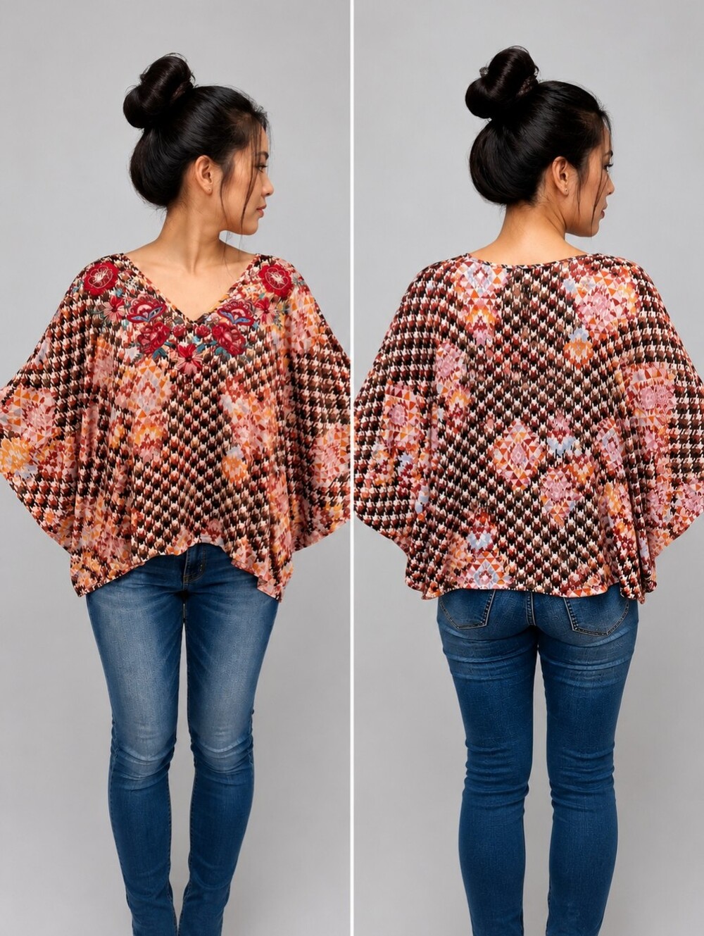 Savanna Jane Embroidered Floral Abstract Print Earth Tones Top  Women Size S-M